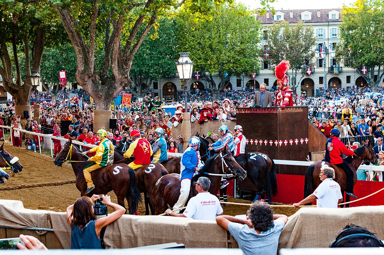 Horses waiting to run during Palio di Asti race